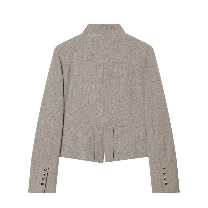Ladies short blazer in military style with stand-up collar, double-breasted decorative button placket and tailored silhouette Chichicherry