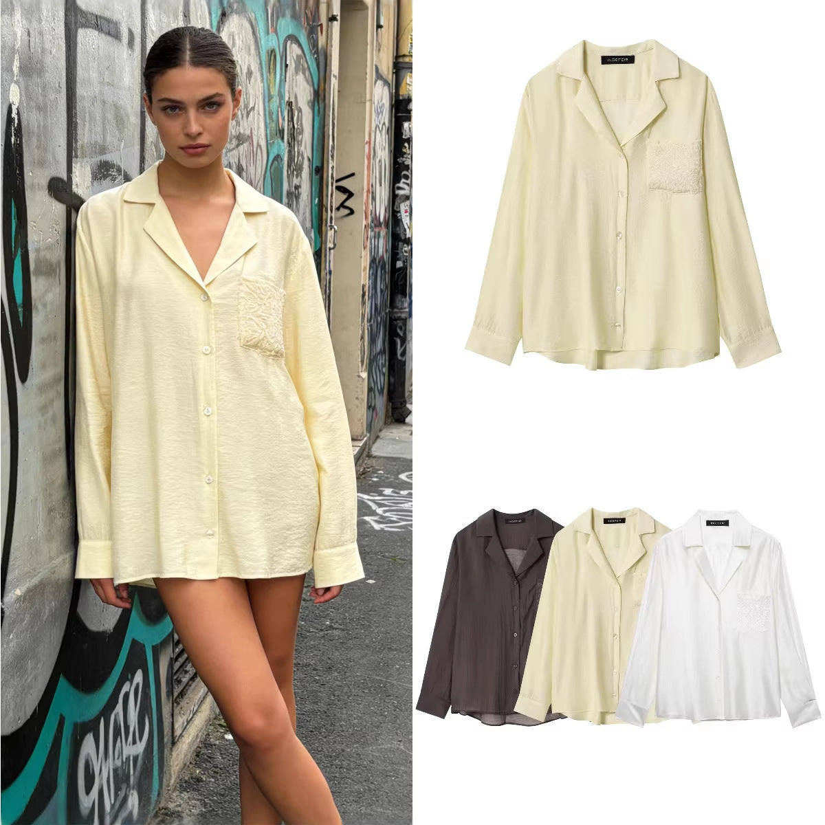 Women's Loose Satin Shirt with Notched Collar and Embroidered Chest Pocket Chichicherry