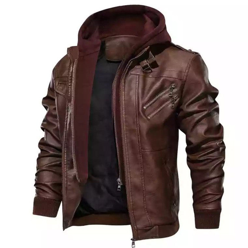 Men's Faux Leather Bomber Jacket with Hood Lining, Multiple Zipper Pockets and Ribbed Cuffs Chichicherry
