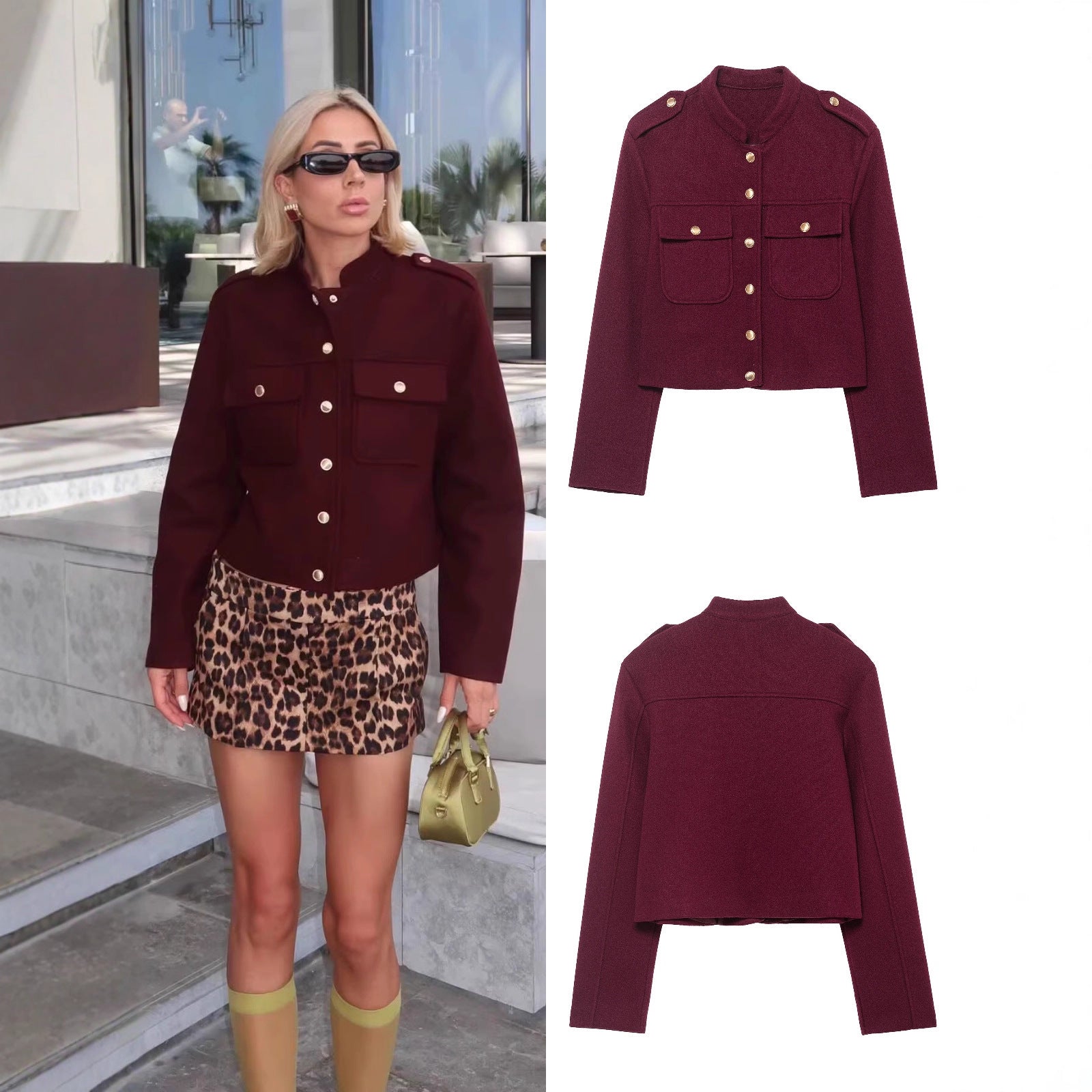 Women's Short Cut Military Inspired Wool Jacket with Stand-Up Collar, Epaulettes and Gold Button Details Chichicherry