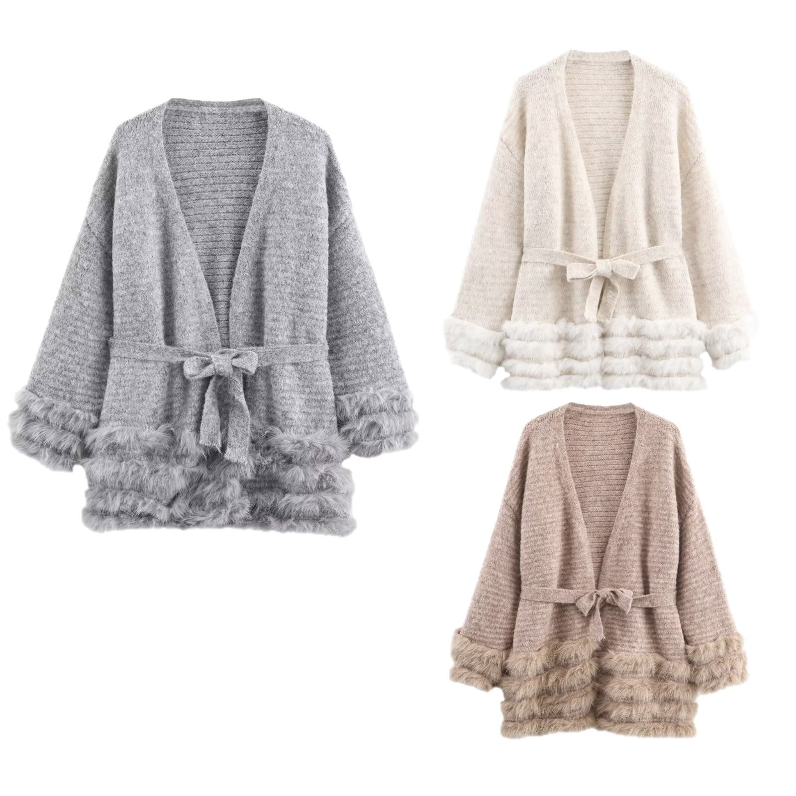 Women's Knit Cardigan with Tie Belt and Faux Fur Trim Chichicherry