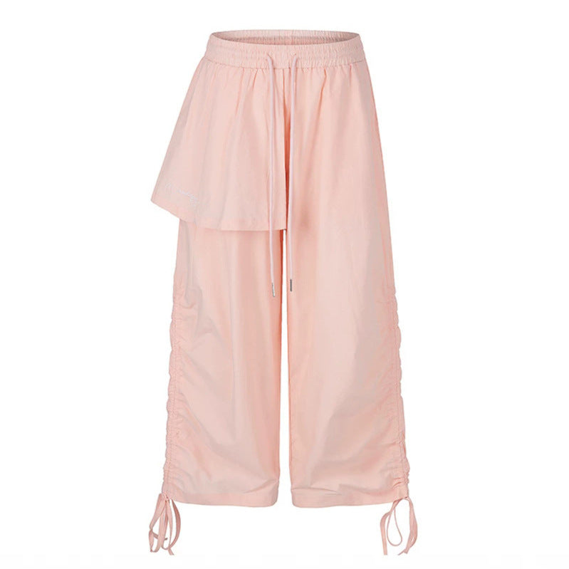 Women Wide Capri Pants with Drawstring, Side Gather and Asymmetrical Overlay Chichicherry