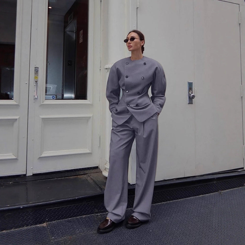 Women's Tailored Double-Breasted Blazer with Asymmetric Closure and Pleated Pants Chichicherry