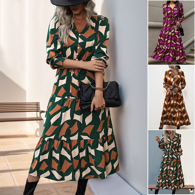 Women's Long Tiered Maxi Dress with Graphic Print, V-Neck, Drawstring Waist and Gathered Cuffs Chichicherry