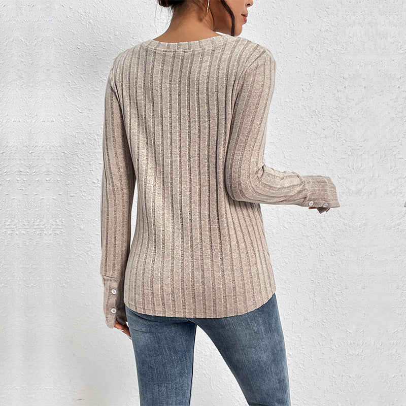 Women's Ribbed Fine Knit Long Sleeve with V-Neck and Lace Yoke Chichicherry