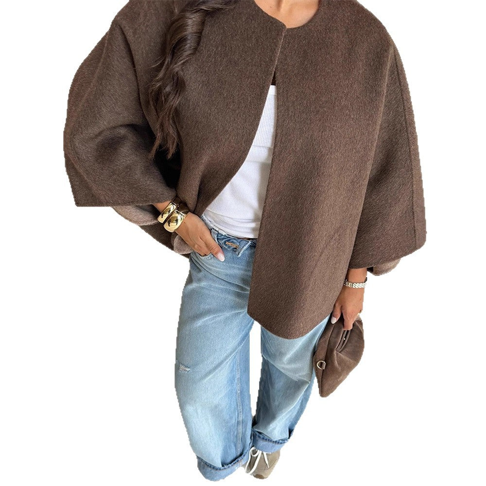 Women's Short Wool Blend Cape Jacket with Oversized Trumpet Sleeves Chichicherry