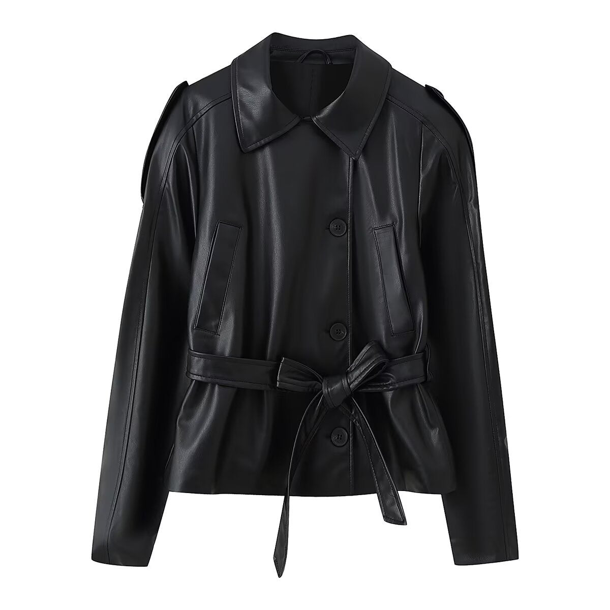 Women's Short Tailored Faux Leather Jacket with Ties and Shirt Collar Chichicherry