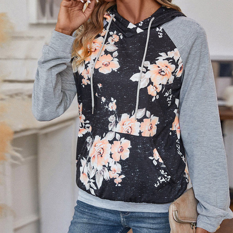 Women's Casual Hoodie with Floral Print, Raglan Sleeves and Kangaroo Pocket Chichicherry