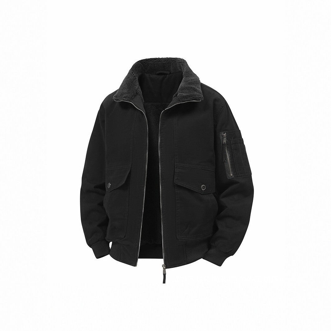 Men's Military Inspired Thermal Bomber Jacket with Teddy Lining, Arm Pocket and Snap Flap Pockets Chichicherry