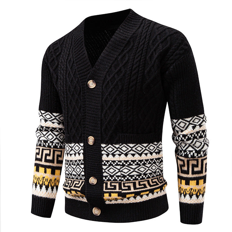 Men's knitted cardigan with cable pattern, jacquard cuffs, and button closure Chichicherry