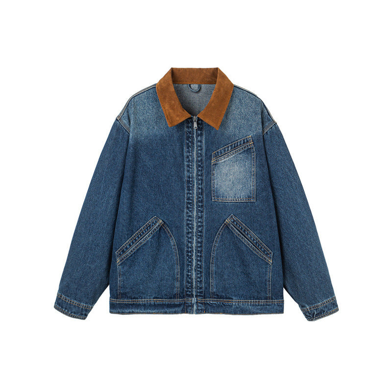 Men's Boxy Denim Jacket in Worker Style with Cord Collar and Front Zipper Chichicherry
