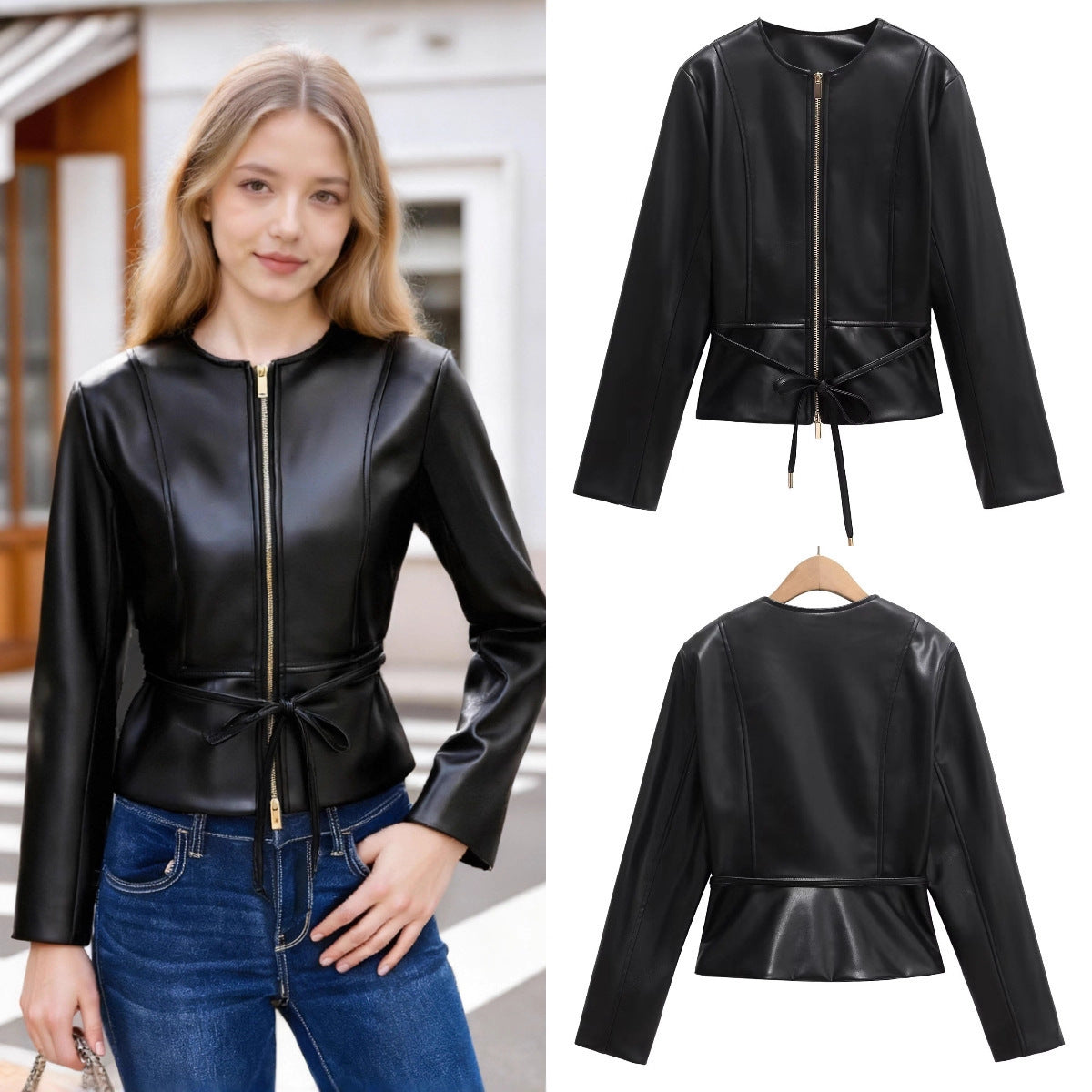 Women's Collarless Faux Leather Jacket with Zipper and Waistband Chichicherry