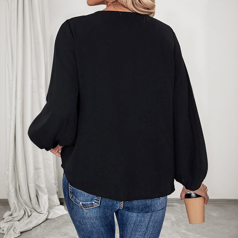 Women's V-neck blouse with leopard print trim and airy balloon sleeves Chichicherry