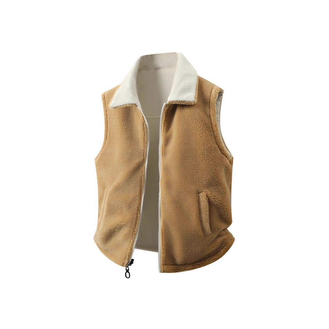 Women's Sleeveless Teddy Fleece Vest with Stand Collar and Full-Length Zipper Chichicherry