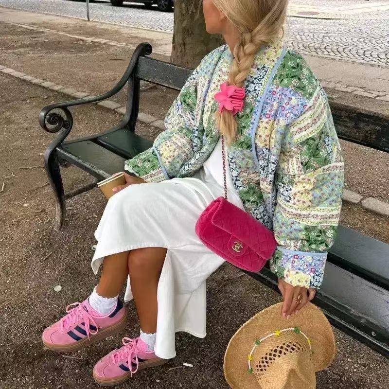 Ladies quilted patchwork quilted jacket with open shawl collar and patch pockets Chichicherry