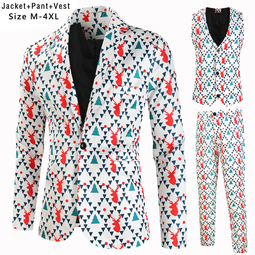 Men's Christmas three-piece suit set with jacket, vest, and trousers in all-over reindeer-tree pattern Chichicherry