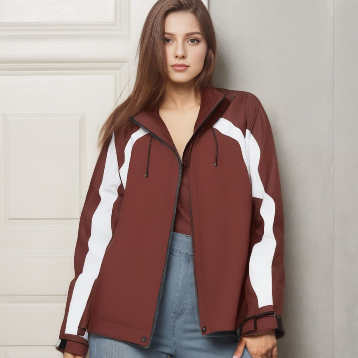 Women Lightweight Hooded Rain Jacket with Contrast Stripes and Mesh Lining Chichicherry