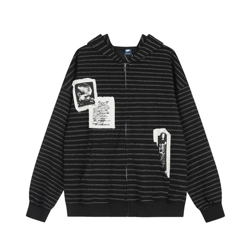 Unisex Hooded Zip Jacket in Oversized Striped Look with Photo Patch Applications Chichicherry