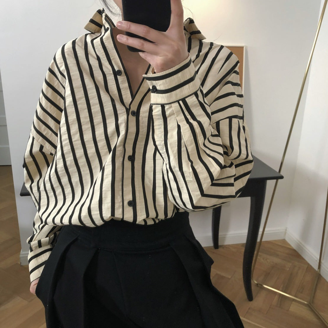 Women Striped Oversized Shirt Blouse with Drop Sleeves and Button Cuffs Chichicherry