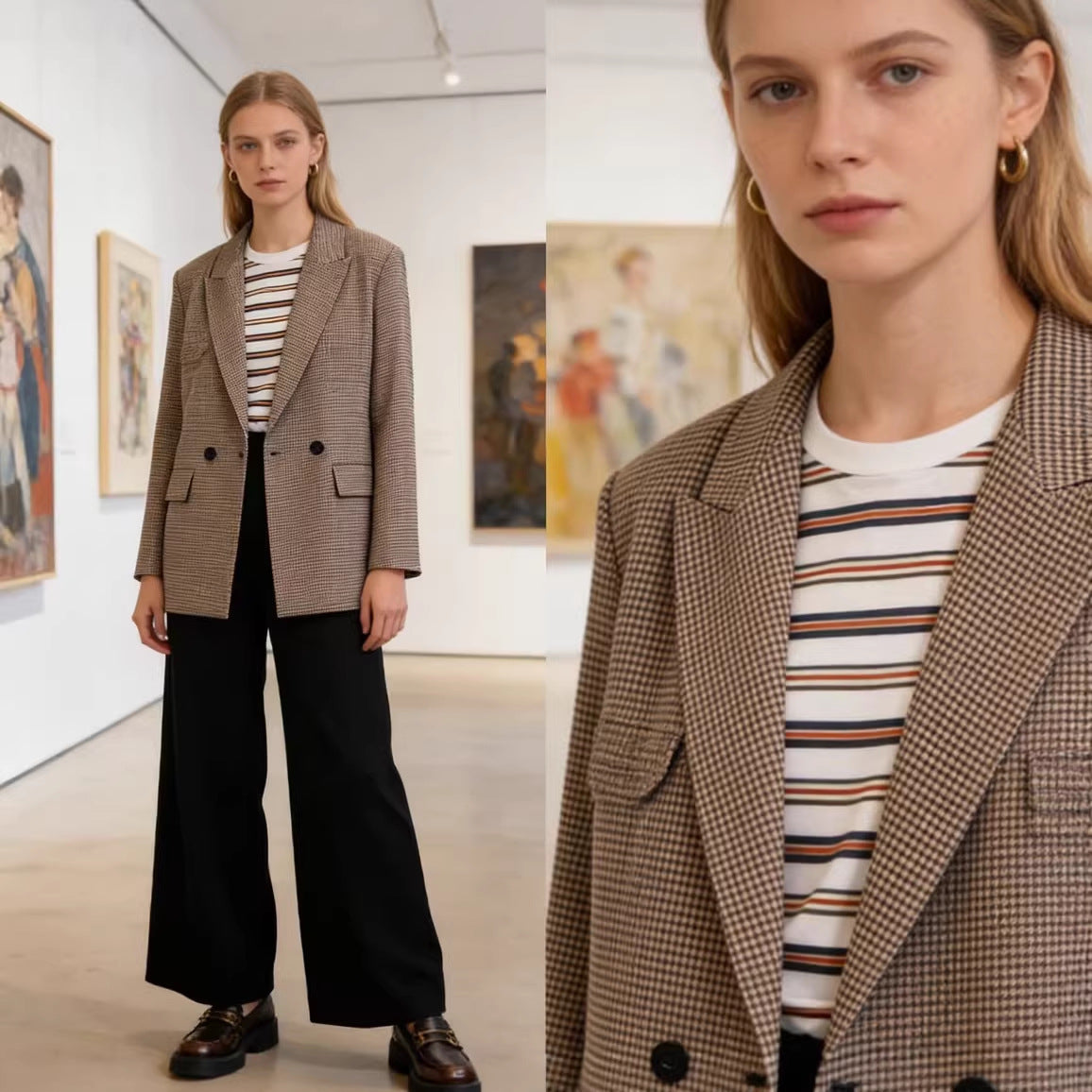 Women's Double-Breasted Oversized Blazer with Houndstooth Check and Flap Pockets Chichicherry