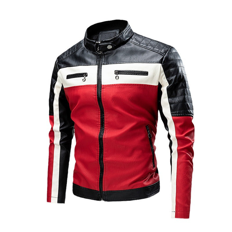 Men's biker leather jacket in colorblock design with padded shoulder section and stand-up collar Chichicherry