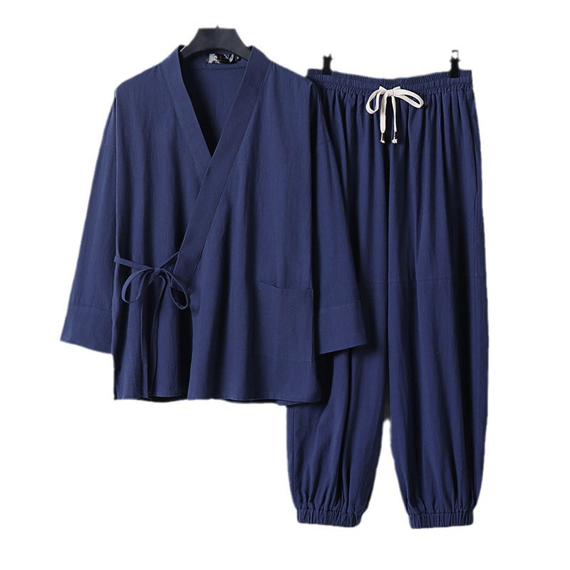 Unisex Relaxed Kimono Set with Wrap Jacket, Three-Quarter Sleeves and Elastic Cord Drawstring Pants Chichicherry