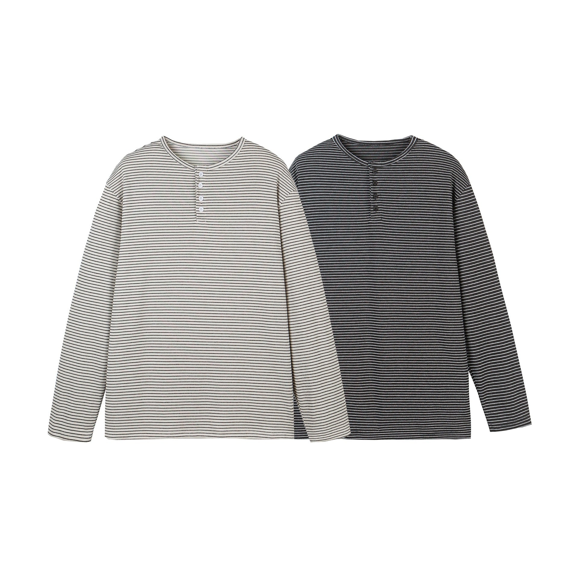 Unisex Striped Henley Long Sleeve Shirt with Button Placket and Oversized Cut Chichicherry