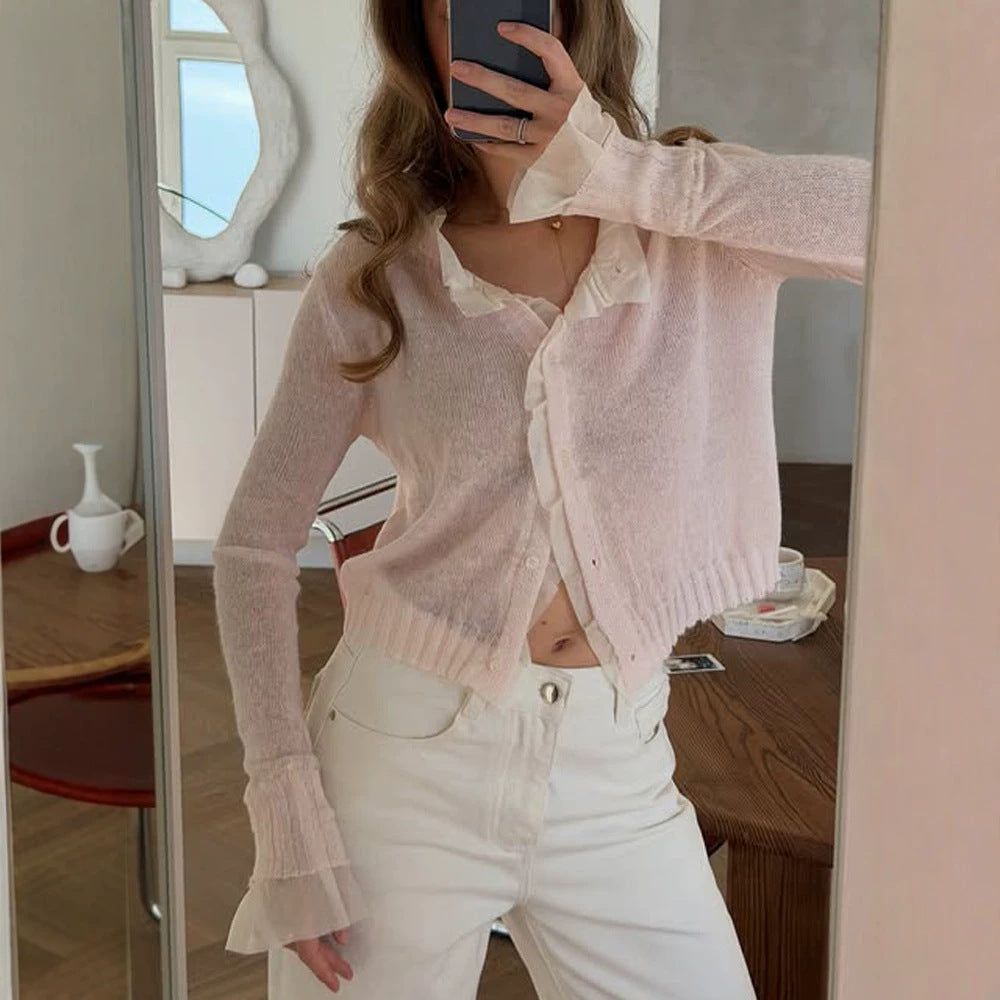 Women's Lightweight Short Mohair-Style Cardigan with V-Neck and Button Placket Chichicherry