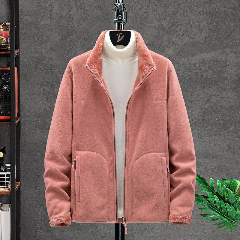 Women Cozy Fleece Jacket with Teddy Lining, Stand Collar and Two Zip Pockets Chichicherry