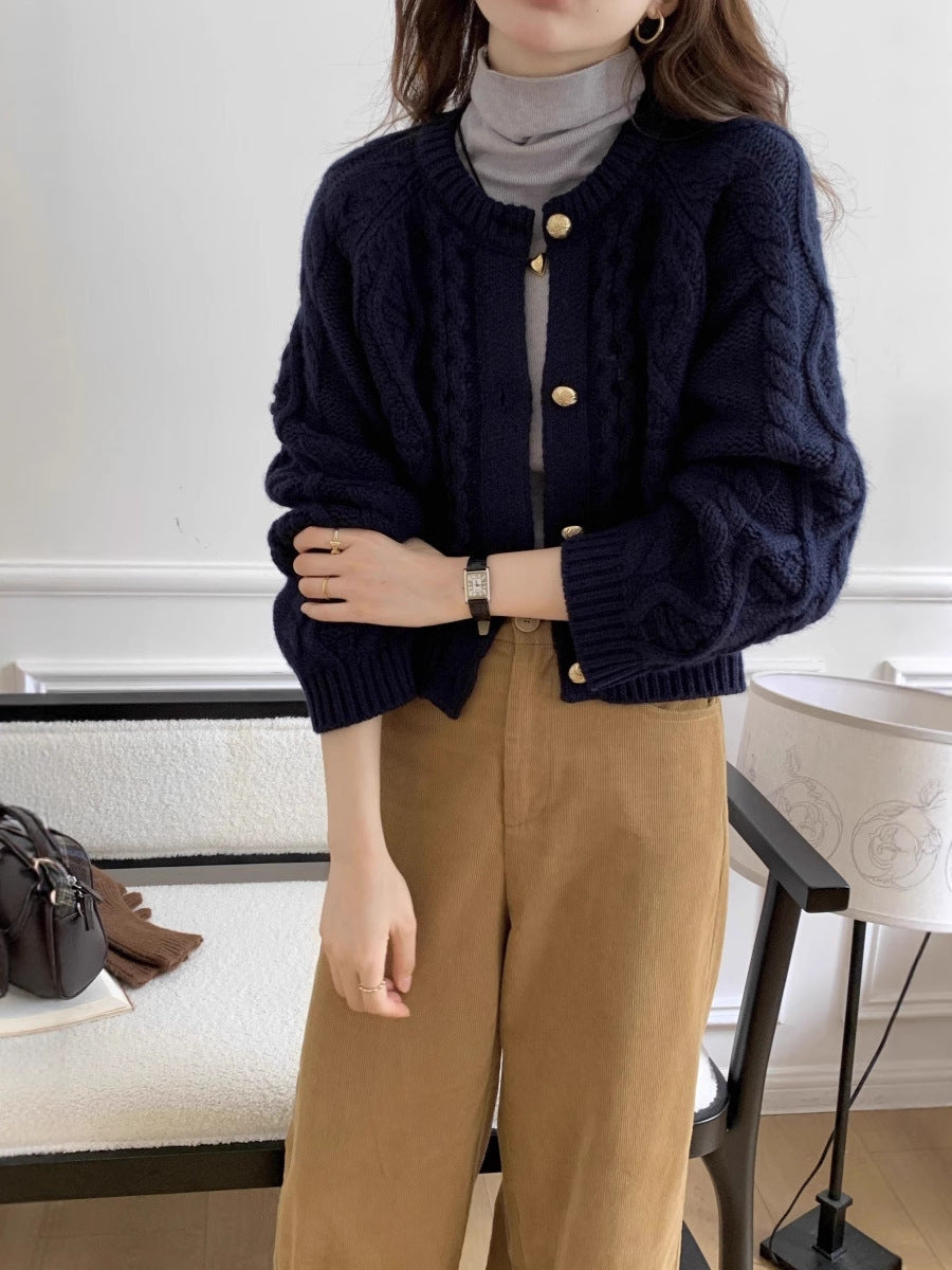 Ladies Short Cable Knit Cardigan with Golden Decorative Buttons Chichicherry