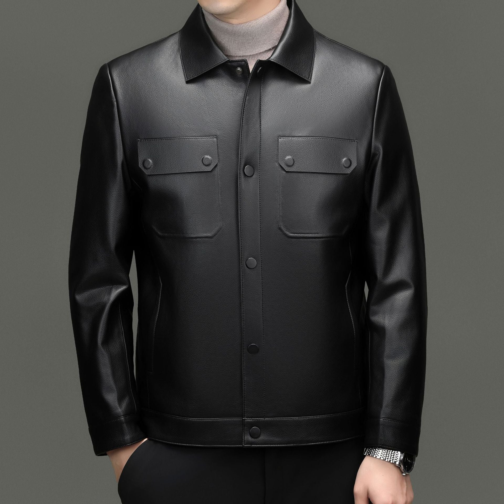 Men's leather jacket in shirt style with snap button closure and patched chest pockets Chichicherry