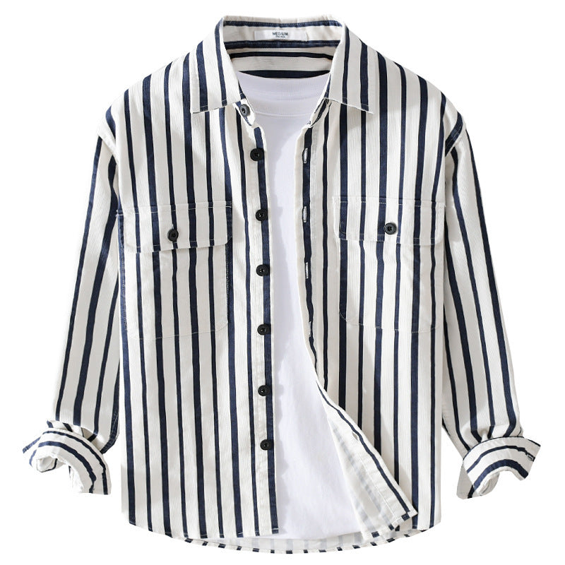 Men's shirt jacket with vertical stripes, patch chest pockets, and lightweight cotton texture Chichicherry