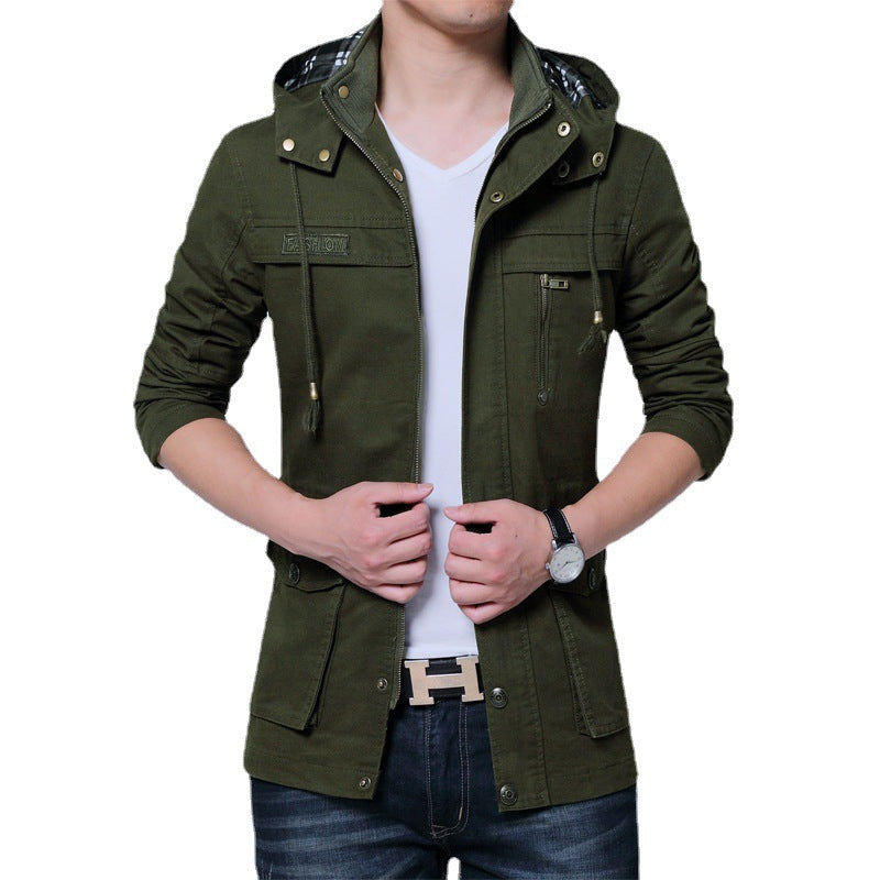 Men's Utility Canvas Jacket with Hood, Zip Front and Multiple Pockets Chichicherry