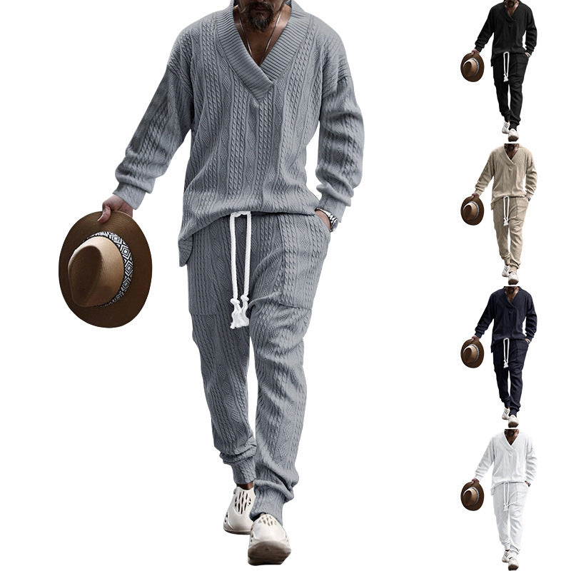 Men's Structured Knit Lounge Set with Deep V-Neck and Drawstring Pants Chichicherry