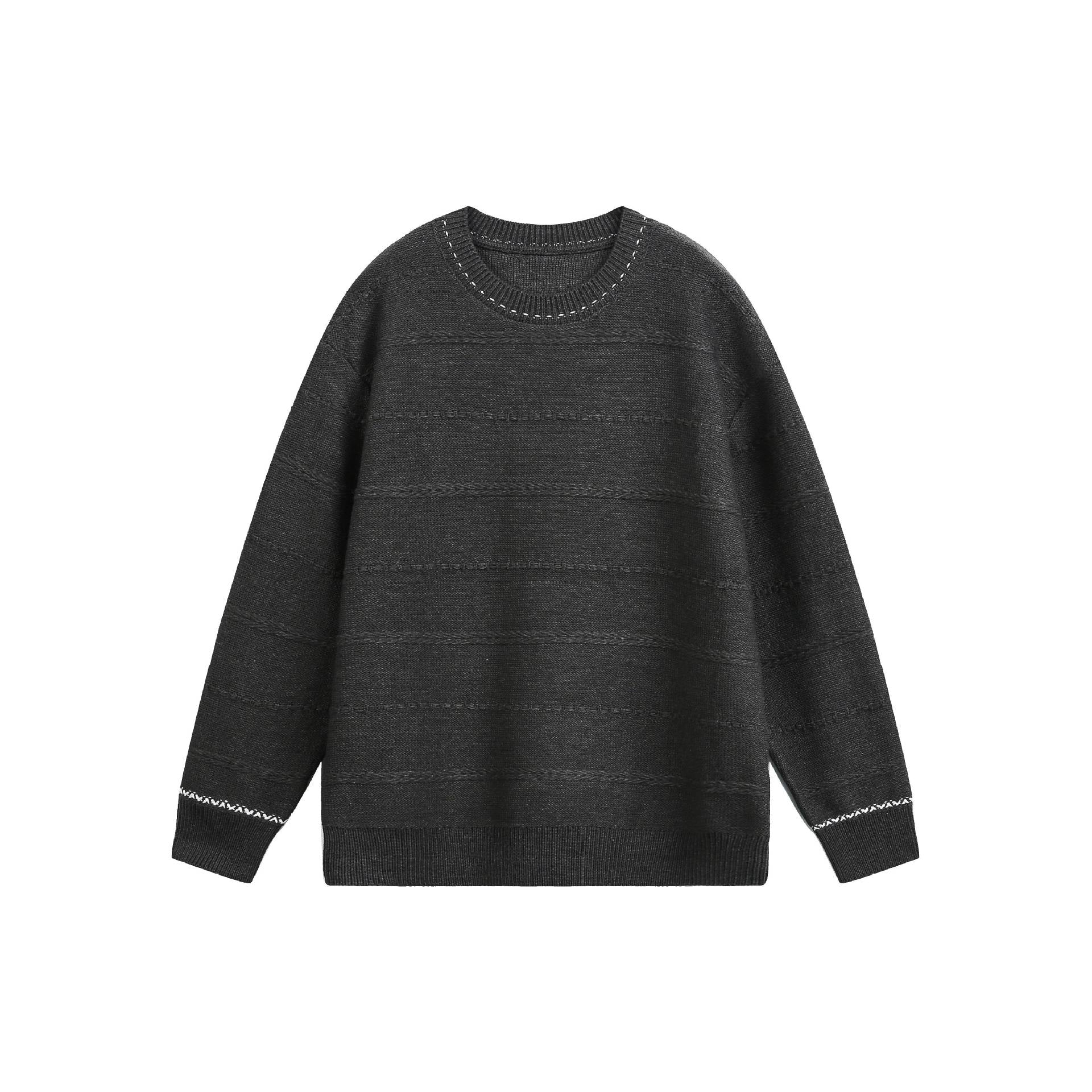 Women's Oversized Knitted Sweater with Textured Stripes and Round Neck Chichicherry