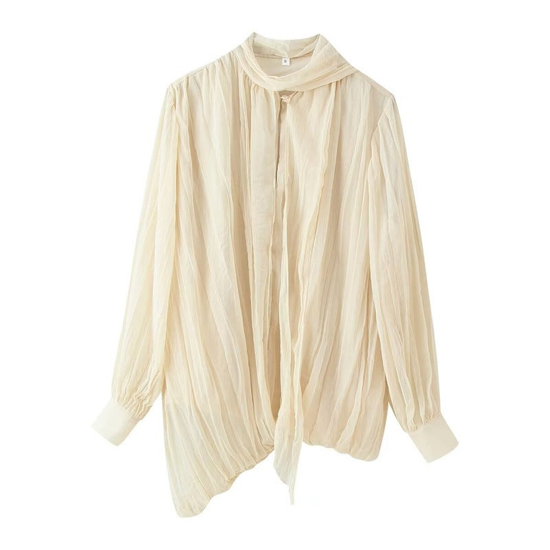 Women Transparent Pleated Chiffon Blouse with Neck Scarf Bow and Asymmetric Hem Chichicherry