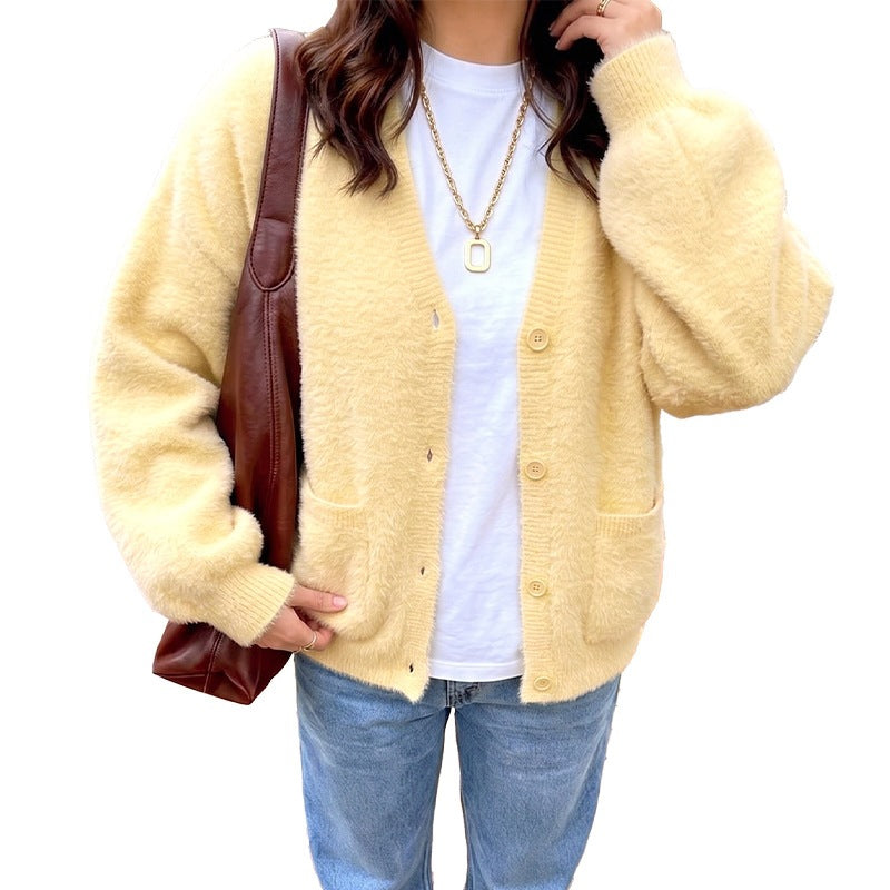 Women's Cozy Oversize Cardigan made of Teddy Fleece with V-Neck, patch pockets & ribbed cuffs