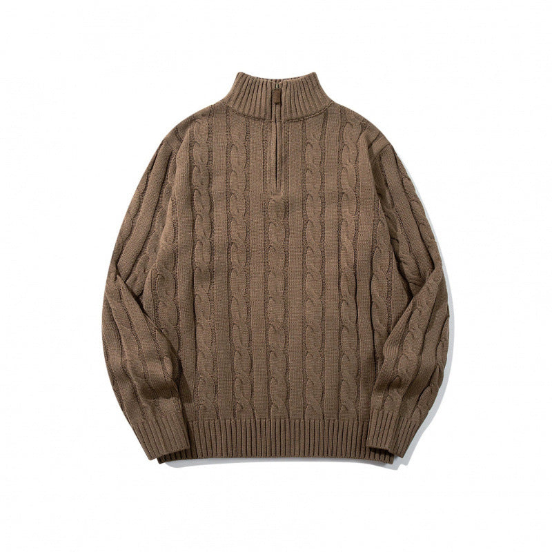 Unisex Coarse Knitted Half-Zip Cable Pattern Sweater with Stand-Up Collar and Ribbed Edges Chichicherry