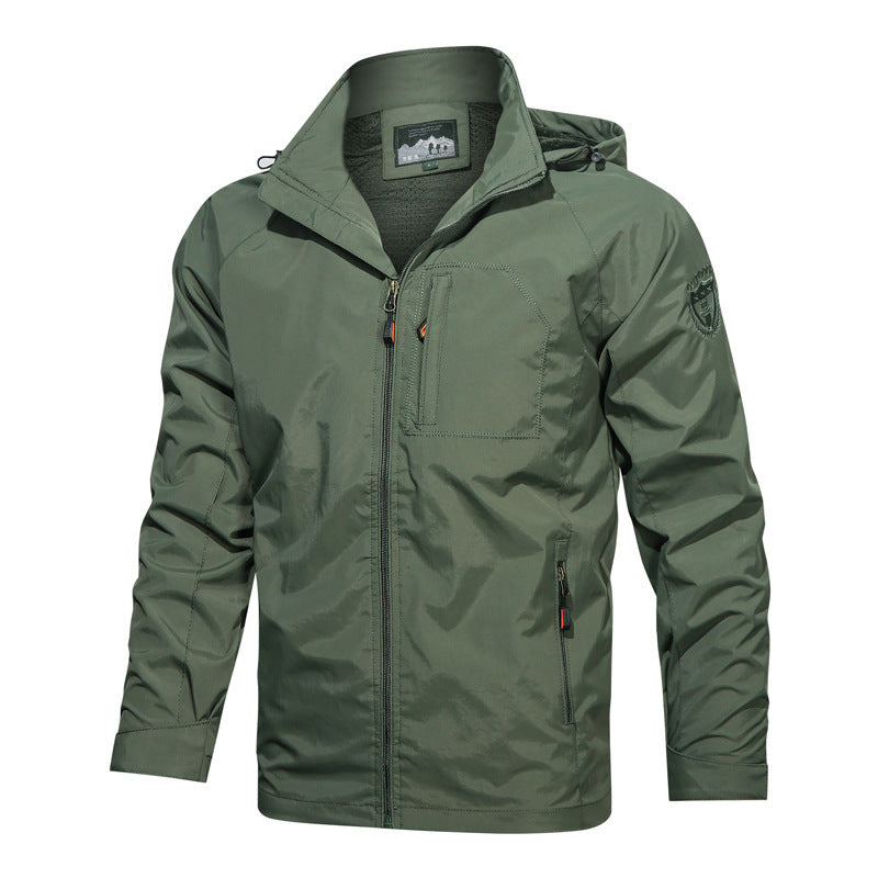 Men's lightweight technical transition jacket with hood, chest organizer pocket, and concealed zippers Chichicherry