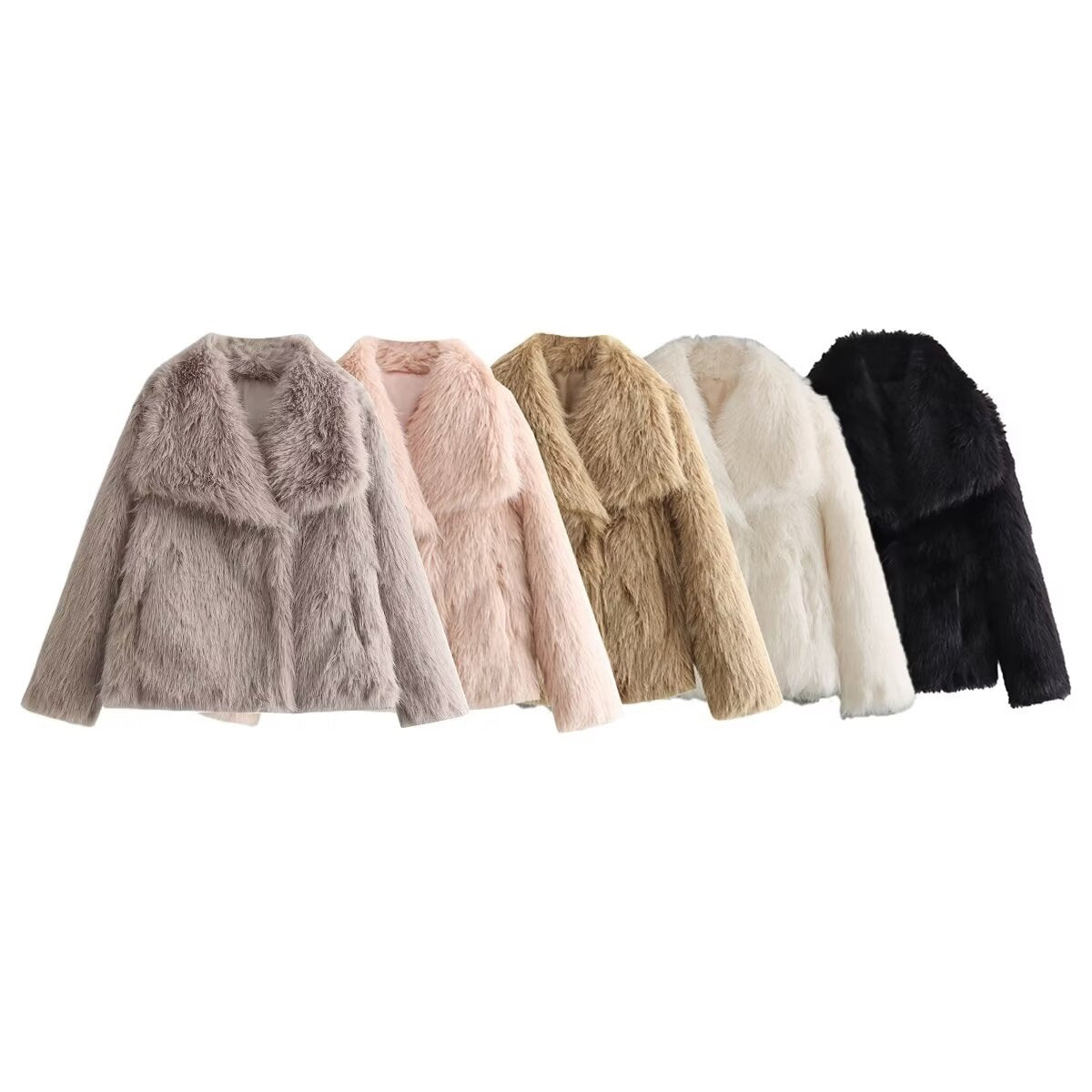 Ladies Short Boxy Faux Fur Jacket with Wide Shawl Collar and Long Fiber Faux Fur Chichicherry