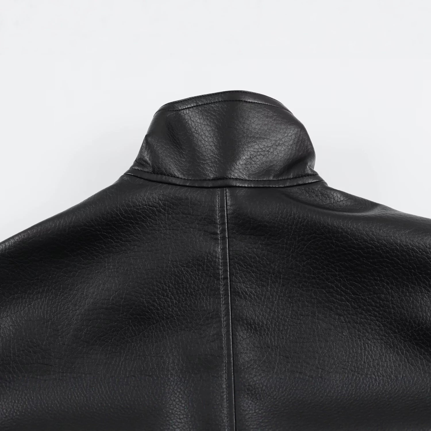Women's Oversized Faux Leather Jacket with High Funnel Collar and Patch Pockets Chichicherry