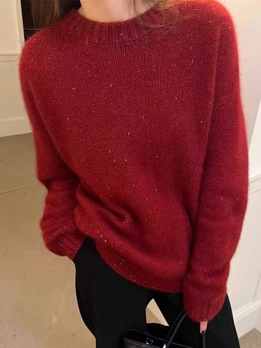 Women's Cozy Oversized Pullover in Mohair Look with Round Neck and Subtle Glitter Effect Chichicherry