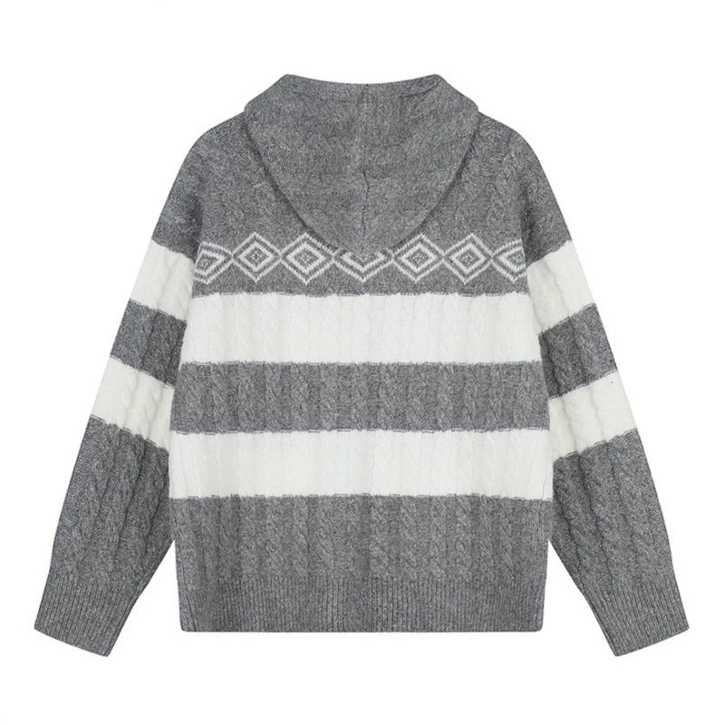 Women's chunky knit hooded cardigan with cable knit, block stripes, and full-length zipper Chichicherry