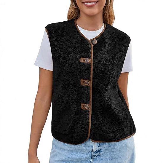 Women's teddy fleece vest with button placket and side pockets Chichicherry