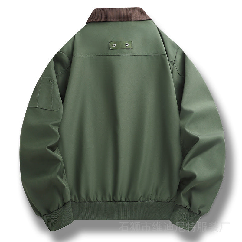 Men's Windproof Bomber Jacket with Cord Collar, Two-Way Zipper and Sleeve Utility Pocket Chichicherry