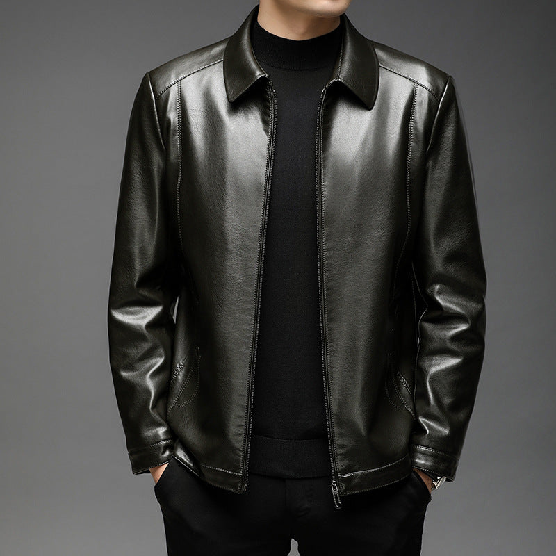 Men's Smooth Faux Leather Zip Jacket in Shirt Collar Style with Minimalist Seam Design Chichicherry