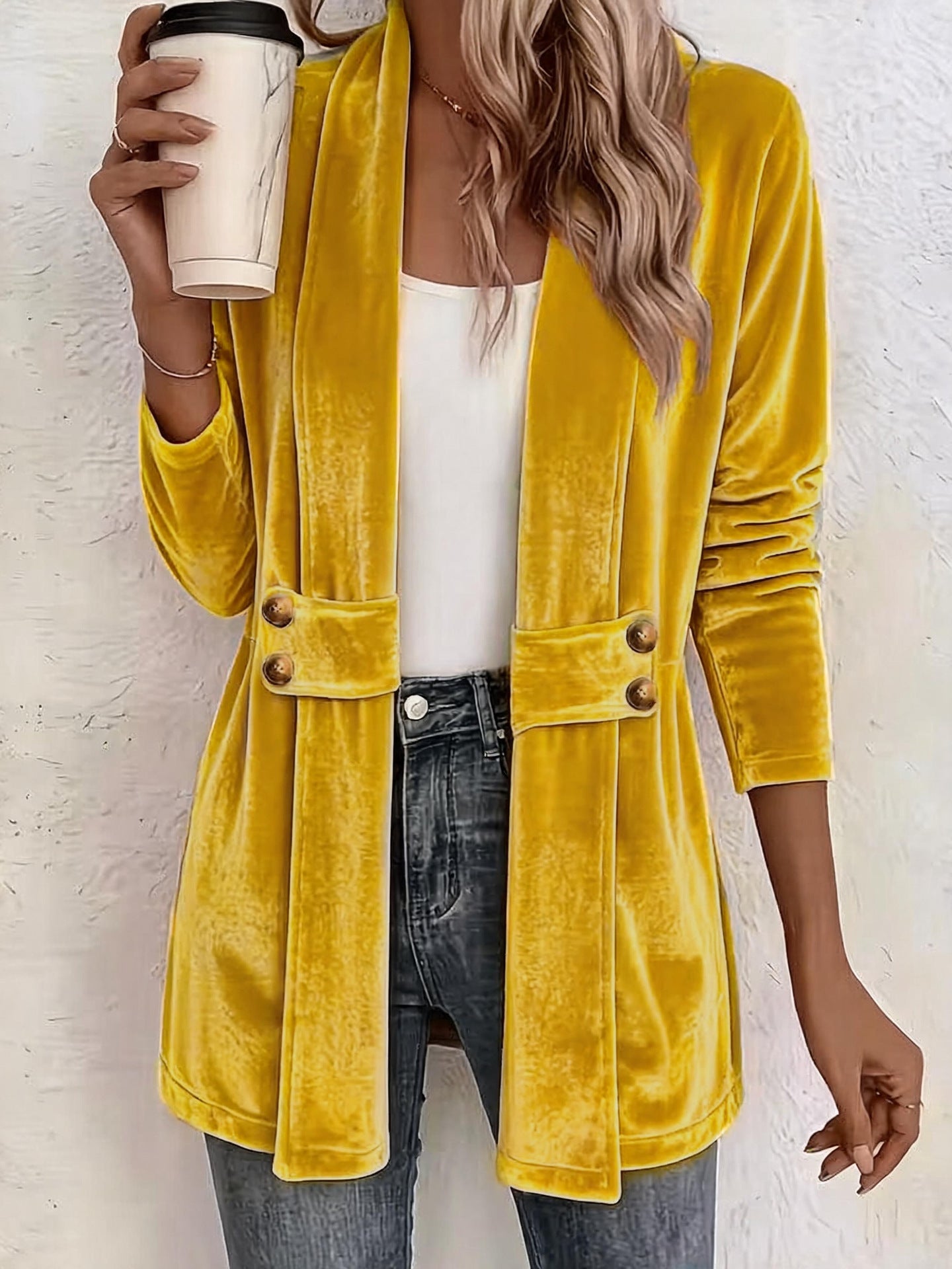 Women's velvet long blazer with shawl collar and decorative button straps Chichicherry
