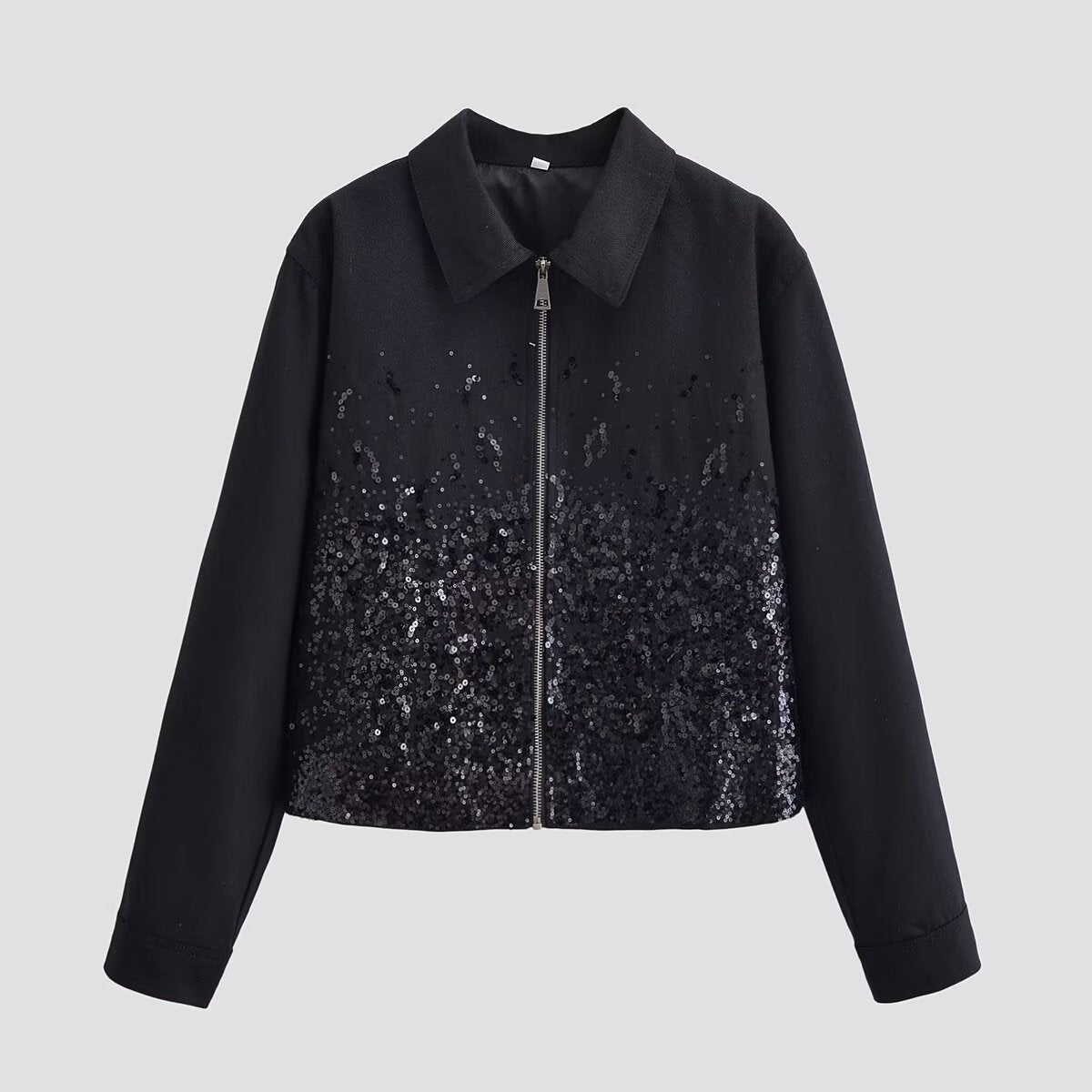 Women's short jacket with full-length zipper and gradient sequin trim Chichicherry