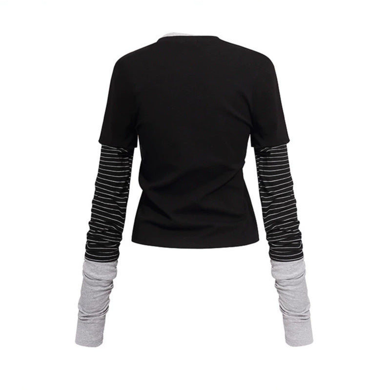 Women's Layered Look Long Sleeve Shirt with Striped Insert Sleeves and Badge Chichicherry
