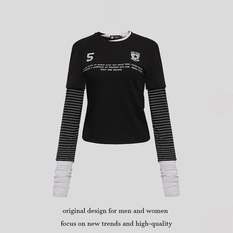 Women's Layered Look Long Sleeve Shirt with Striped Insert Sleeves and Badge Chichicherry